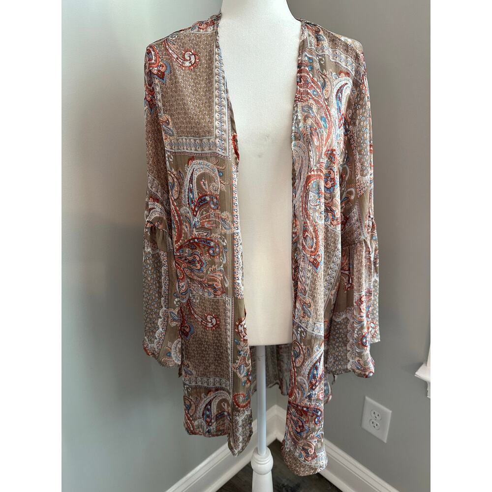 Umgee Paisley Boho Kimono Cardigan Open Front Bell Sleeve Duster L Chic Resort